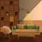 Living room interior. Sofa with coffee table, rack, chair and lamp. A cozy place to read, relax or reflect. Set of vector