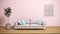 Living room interior with sofa, dresser on a wooden floor, decor on a large wall, pink landscape in window. Home interior. 3D illu