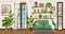 Living room interior with a sofa, French doors, bookshelves, and houseplants. Cartoon vector illustration