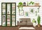 Living room interior with a sofa, a green bookcase, and houseplants. Cartoon vector illustration