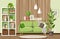 Living room interior with a sofa, a shelving, and wooden slats. Cartoon vector illustration