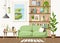 Living room interior with a sofa, wooden slats, and a window. Cartoon vector illustration