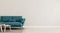 Living room interior wall mock up with teal blue sofa, empty white wall with free space on right