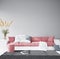 Living room interior wall mock up with velvet pink sofa and pillows