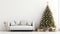 Living room interior wall mock up with white armchari and decorated christmas tree on empty white background