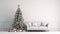 Living room interior wall mock up with white armchari and decorated christmas tree on empty white background