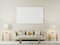 Living room interior wall mock up with white sofa, pillows and lamps on brown background