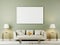 Living room interior wall mock up with white sofa, pillows and lamps on oliwe background