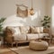 Living room interior wall mockup in warm neutrals with low sofa dried Pampas grass on caned table and japandi style decoration