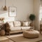 Living room interior wall mockup in warm neutrals with low sofa dried Pampas grass on caned table and japandi style decoration