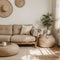 Living room interior wall mockup in warm neutrals with low sofa dried Pampas grass on caned table and japandi style decoration