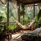 living room with large windows overlooking the rainy forest, decorated with green plants and a hanging hammock for relaxation.