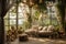 Living room with large windows with views of lush greenery. AI Generated