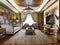 Living room in a modern oriental style with green walls and wood furnishings and Arabic style decor