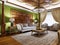 Living room in a modern oriental style with green walls and wood furnishings and Arabic style decor