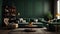 Living room, monochrome dark green colors. Interior design