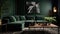 Living room, monochrome dark green colors. Interior design