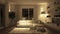 a living room at night adorned with white tones, featuring bright lighting and scenes, presenting clean and tidy indoor