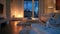 a living room at night adorned with white tones, featuring bright lighting and scenes, presenting clean and tidy indoor