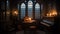 A living room with a piano and a window. AI generative image. Dark academia style.