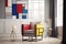 A living room with a Piet Mondrian-inspired armchair as the centerpiece. The armchair is geometric and colorful, with bold red, bl