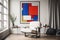 A living room with a Piet Mondrian-inspired armchair as the centerpiece. The armchair is geometric and colorful, with bold red, bl