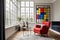 A living room with a Piet Mondrian-inspired armchair as the centerpiece. The armchair is geometric and colorful, with bold red, bl