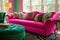 A living room with a pink couch and a zebra print rug. Generative AI image.