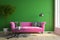 A living room with a pink couch and a zebra print rug. Generative AI image.