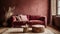 living room with a plush red sofa adorned with a pink throw a rustic wooden stump table, a metal coffee table, and dried plants
