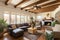 living room in pueblo-style home, wooden ceiling beams visible