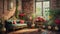 living room with red brick wall with roses romantic background