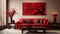 a living room with a red couch and a painting on the wall Coastal interior Master Bedroom with Deep
