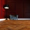 Living room red interior with leather vintage armchair and wooden parquet floor 3D render