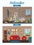 Living room before and after repair. Living room with chair, sofa, window, bookshelf. Vector flat cartoon illustration