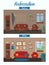 Living room before and after repair. Living room with chair, sofa, window, bookshelf. Vector flat cartoon illustration..