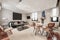 Living room with round white dining table with chairs upholstered