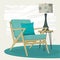 Living room scene teal lounge chair and table lamp