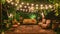 A living room showcasing a couch, chairs, and ambient lighting, A cozy backyard ceremony with intimate string lights and vintage