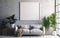 Living room with square mockup frame on the gray wall, decorated with elegant sofa and rug. Green plants on the floor