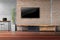 Living room tv on red brick wall with wooden table