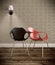 Living room with two chairs black and red with vintage wall.3D rendering