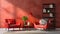 a living room with two red chairs and a table Industrial interior Master Bedroom with Deep Red color