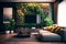 Living room with vertical garden, plants in luxury interior. Modern interior architecture. Advertising illustration.