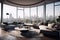 Living room with a view. Luxurious living room in a penthouse with floor-to-ceiling windows offering a stunning view of the city