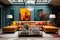 Living room vintage charm, antique furniture and decor elements, bright colors and bold geometric patterns