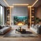 A living room with a wall mounted fireplace that doubles as a