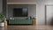 Living room with wall mounted tv and green cabinet on dark concrete color wall background