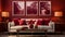 a living room with a white couch and red pillows Coastal interior Master Bedroom with Deep Red color