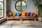 a living room with wooden furniture and colorful cushions, in the style of light gray and amber, minimalistic modern